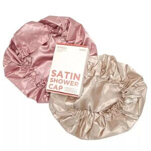 2 Pk Satin Shower Cap Night in Champagne & Blush Frizz Steam Proof Perfect Fit